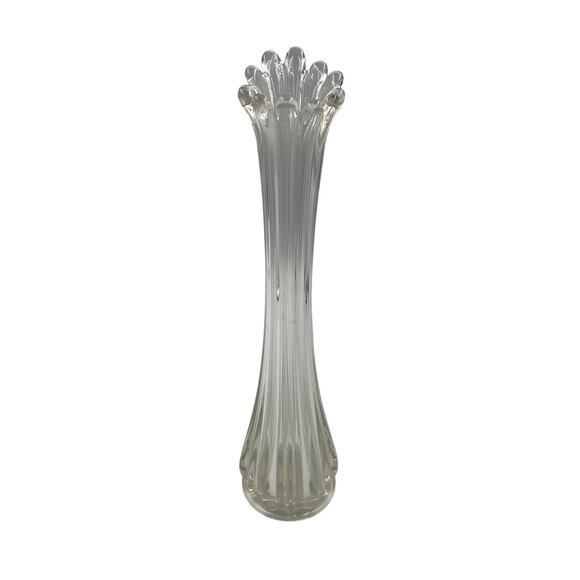 Vintage Clear Glass Swung Stretch Vase Ribbed Ruffled Tear Drop Top MidCentury - Picture 1 of 8